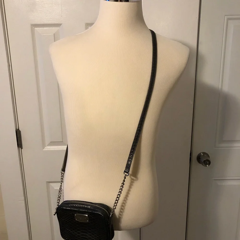 Michael Kors Black Faux Snakeskin Crossbody Bag with Silver Chain